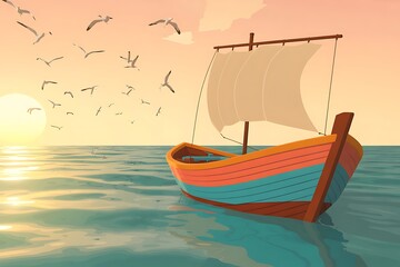 Naklejka premium Serene sailboat journey at sunset illustration