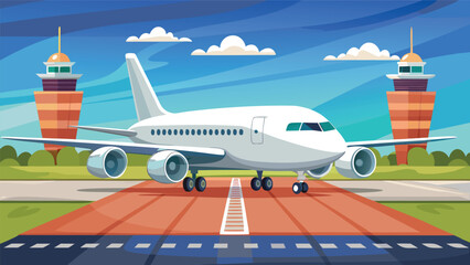 A sleek, white airplane taxiing on the runway with an airport terminal in the background, under a vibrant sky with scattered clouds, ready for takeoff in this colorful and modern illustration