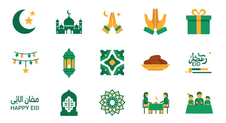 Fototapeta premium A collection of Islamic festive icons celebrating Eid, featuring Ramadan themes, mosques, lanterns, and traditional greetings, perfect for holiday designs
