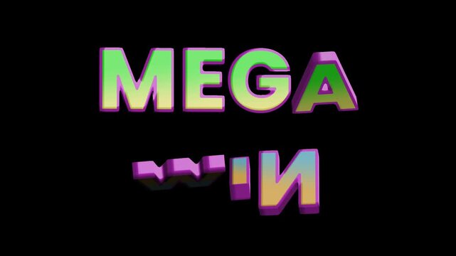 Animated 3D mega win text with colorful pastel gradient glossy letters spinning and rotating on dark black background
