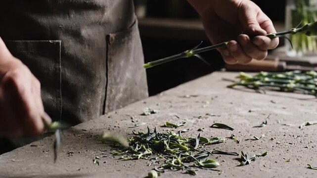 Florist hands trimming pink carnation flower stem, preparing for bouquet arrangement