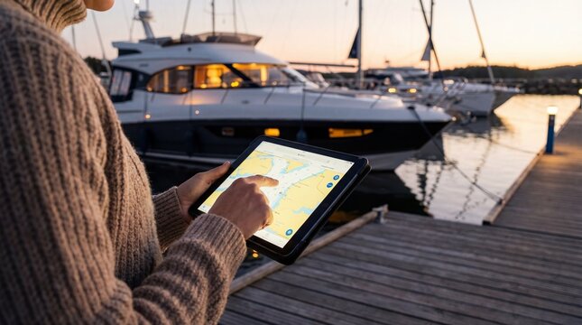 Person using a tablet with a map application at a marina with yachts at sunset.