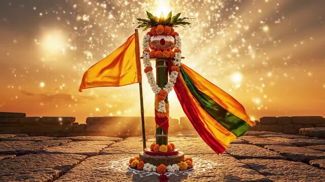 A vibrant, decorated gudi padwa pole and saffron flag shine under dramatic golden fireworks on rocky ground.