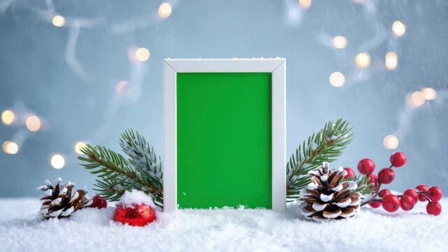Seasonal green screen frame with snowy pine sprigs, red berries, frosted cones, twinkling bokeh lights, falling snow, versatile backdrop for banners, social posts, greeting cards, displays