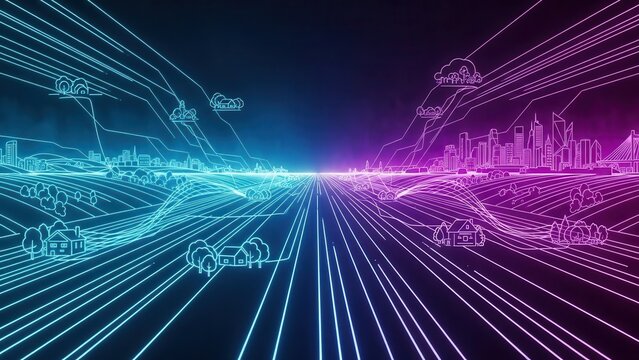 Dynamic digital landscape connecting rural and urban environments with neon data lines