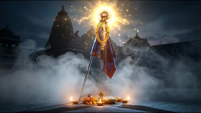 A mystical gudi, shining with golden light, celebrates gudi padwa and ugadi amidst diyas in a dark temple setting.