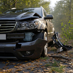 Fototapeta premium Damaged black car with broken front bumper on forest road