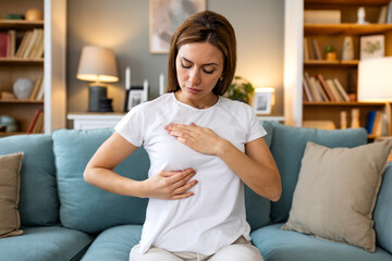 Young woman at home performing breast self-examination for early cancer detection and health prevention sitting on sofa holding hand on chest to check for lumps or abnormalities medical care
