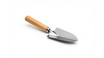 Fototapeta premium Stainless steel garden trowel with wooden handle isolated on white background, essential hand tool for planting and gardening.