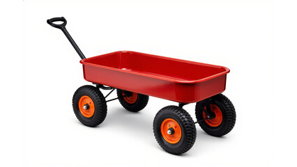 Red four-wheel garden cart isolated on white background, practical utility wagon for gardening and yard work.