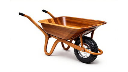 Modern green metal wheelbarrow isolated on white background, practical gardening and landscaping tool.