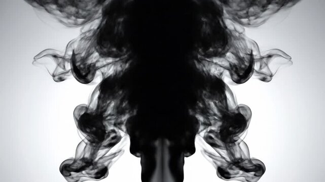 Ink plume forms in a Rorschach-like symmetrical inky shape on a pale grey background