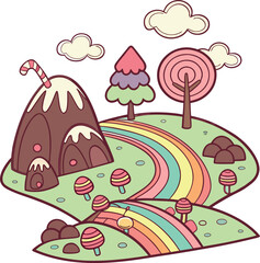 Fototapeta premium Seamless pattern of a cute cartoon autumn landscape with rainy clouds, trees, and colorful umbrellas in a nature-inspired vector art design