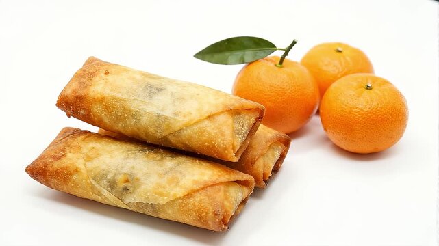 Crispy golden spring rolls and fresh mandarin oranges on white background
