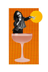 Obraz premium Template collage design trend artwork 3D sketch of alcohol toast glass friday relax weekend occasion rest nightclub young woman sing song