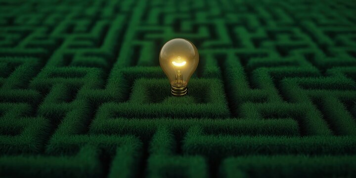 Illuminated light bulb finding a creative solution standing in a complex green grass labyrinth, representing problem solving and innovation concept