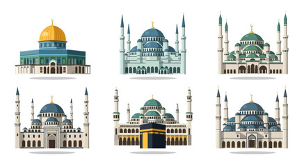 Obraz premium Six_flat_design_illustrations_of_various_mosques_and_the_Kaaba_shrine.