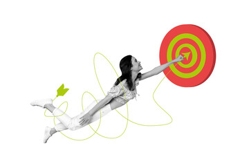 Obraz premium Composite trend artwork 3D sketch image photo collage of arrow show direction young lady fly achieve aim goal target business success