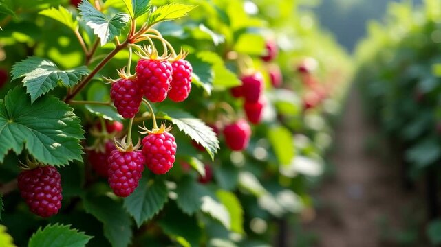 Vibrant raspberry bush loaded with ripe berries and lush green leaves, suitable for agricultural background 

