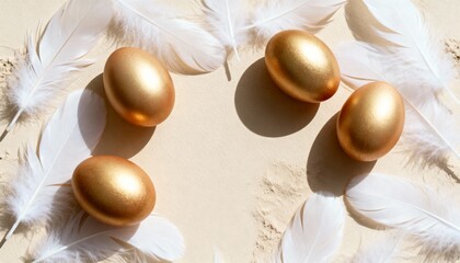 Golden Easter eggs and white feathers frame on sand background. Luxury holiday flat lay with copy space for text