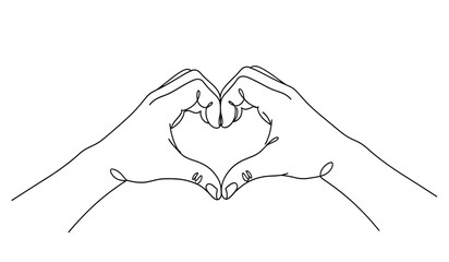 A minimalist line drawing of two hands forming a heart shape with delicate and simple design
