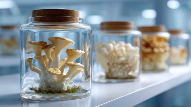 Variety of mushrooms in glass jars on display shelf