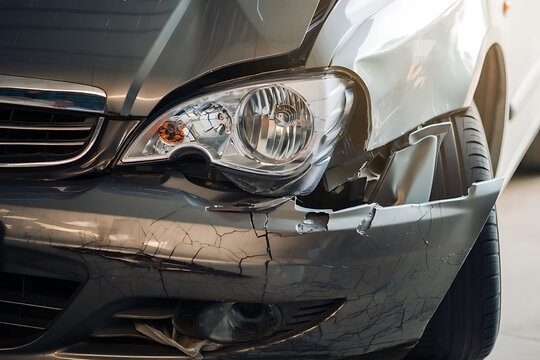 Damaged modern car with cracked and broken front bumper and headlight  closeup