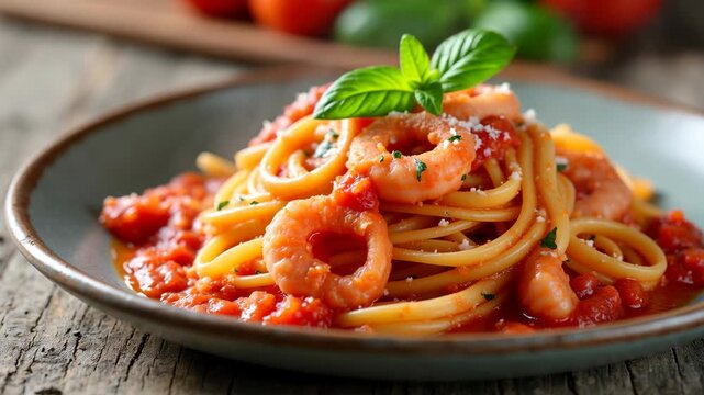 Rustic Italian calamarata pasta with calamari and flavorful tomato sauce 
