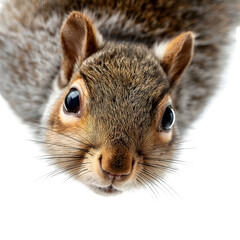 Obraz premium A close up playful portrait of a squirrel looking down from an upside down perspective against a clean white background