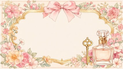 花とリボンで飾られた香水モチーフのヴィンテージフレーム