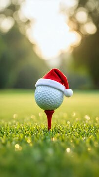 Golf ball on tee with Santa hat celebrating Christmas on the golf course, festive holiday spirit, winter sports season, golfing celebration, outdoor leisure activity, Christmas golf fun
