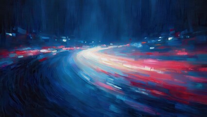 夜の道路を走る光跡を描いた交通イメージ抽象画