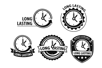 Obraz premium Long Lasting Vector Badges Set with Clock Icon, Arrow, and Text