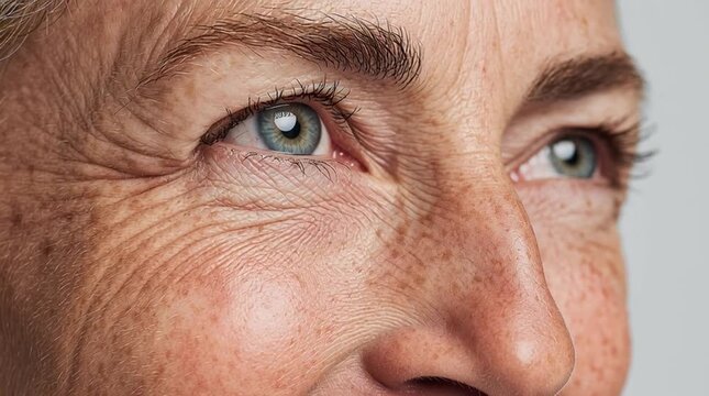 eye corners showing fine micro wrinkles as the skin glow is intensified, highlighting natural aging, expression lines, and realistic skin texture with enhanced clarity.