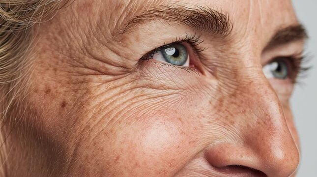 eye corners showing fine micro wrinkles as the skin glow is intensified, highlighting natural aging, expression lines, and realistic skin texture with enhanced clarity.