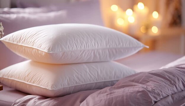 lilac fluffy pillows with subtle texture propped against lilac purple bedding on cozy bed, wooden nightstand visible on left with white baby's breath flowers in vase and glowing candles creating war