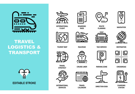 Vector set of travel logistics and transport line icons. Each icon is designed on a pixel perfect 48X48 size grid with adjustable strokes. Professional symbols for navigation, tourism and shipping