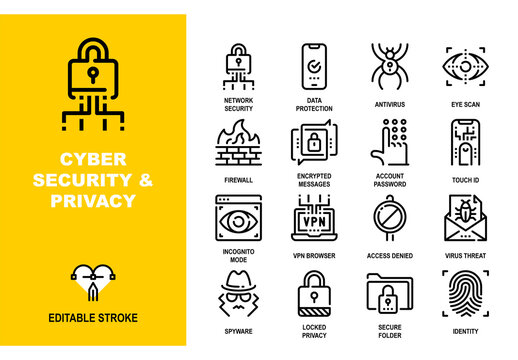 Vector set of cybersecurity and privacy line icons. Each icon is crafted on a pixel perfect 48X48 size grid with adjustable strokes. Professional design for data protection and network safety