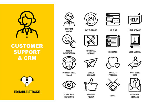Vector set of customer support and CRM line icons. Each icon is designed on a pixel perfect 48X48 size grid with adjustable strokes. Professional icons for help desk, service and feedback