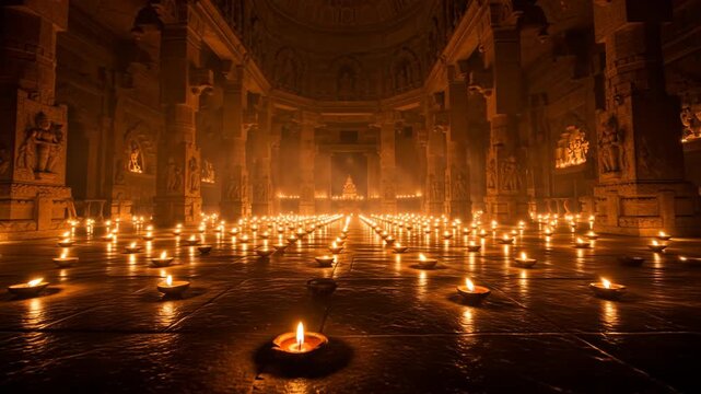 Candlelit Interior of Ranakpur Jain Temple, India, Featuring Carved Pillars and Ancient Architecture, Creating a Spiritual Ambiance