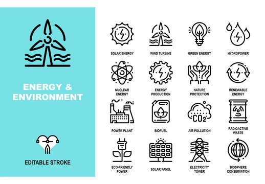 Vector set of energy and environment line icons. Each icon is designed on a pixel perfect 48X48 size grid with adjustable strokes. Professional symbols for ecology, power and nature conservation
