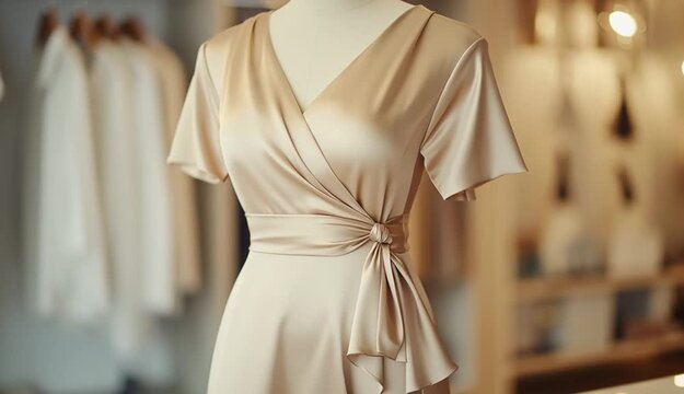 elegant champagne silk wrap dress on white mannequin torso, short sleeves, V-neck with draped crossover bodice, gathered side tie detail at waist, luxurious satin fabric with soft sheen