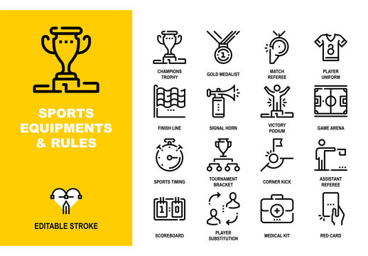 Vector set of sports equipment and rules line icons. Each icon is designed on a pixel perfect 48X48 size grid with adjustable strokes. Professional symbols for sport, tournament and victory