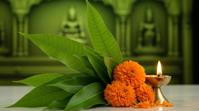 Elegant Indian Festival Decoration Featuring Mango Leaves, Marigold Flowers, and a Traditional Oil Lamp