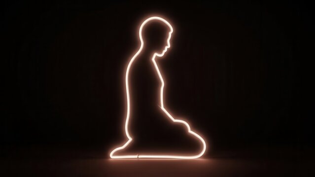 Glowing neon outline of a person kneeling in deep contemplation on a dark background, representing