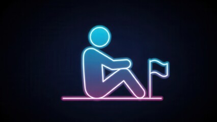 Illuminated neon silhouette of an individual reaching a flag marker, symbolizing accomplishment