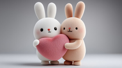 Fototapeta premium Two cute bunny characters hugging and holding a pink heart on neutral background. Romantic love concept for Valentine’s Day, anniversary, wedding greeting card, adorable 3D illustration