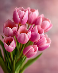 Fototapeta premium Elegant bouquet of fresh pink tulips on a soft blurred background. Concept of spring, femininity, greetings for Mother's Day, March 8 and romantic events.