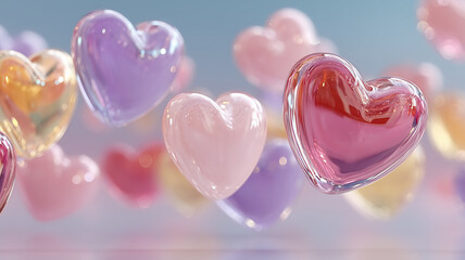 Obraz premium A set of bright transparent glass hearts in pastel colors levitating in the air. The concept of lightness, love, romance and modern holiday decor.