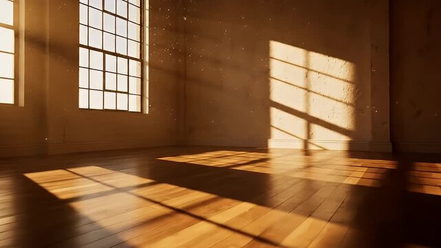A serene video showcasing sunlight streaming through large windows in an empty room